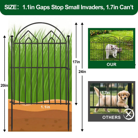 Diagram showing 17 Inch Tall Garden Fence Set 28 Foot Long Arched Rustproof Metal No Dig Border Fencing With Stakes.