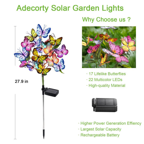 Solar Garden Lights Outdoor 2 Pack With 34 Butterflies And 44 LED Fairy Lights Waterproof Garden Decor showcasing colors & features.