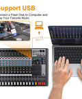 12-Channel Bluetooth Mixer With 99 DSP Effects, MP3 Playback, 7 Band EQ, USB shown connected to laptop for music playback.