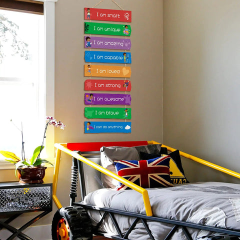 Set Of 9 Rainbow Themed Wood Wall Plaques For Boys Room With Inspirational Quotes Hanging Signs For Kids Bedroom Decor