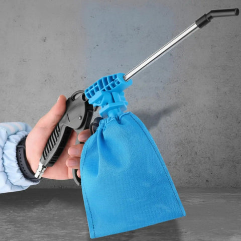 Badass Pneumatic Blower Vacuum For Shop Chores And Auto Detailing with blue collection bag and metal tube in hand.