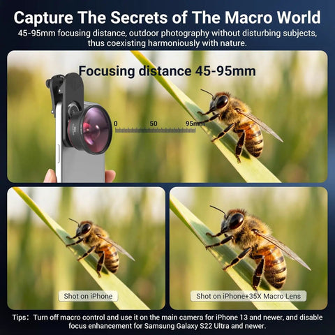 Macro Lens Kit For Smartphones With CPL Filter And HD Macro Lens Clip On Universal Phone Attachment For iPhone And Android, close-up of bee on plant