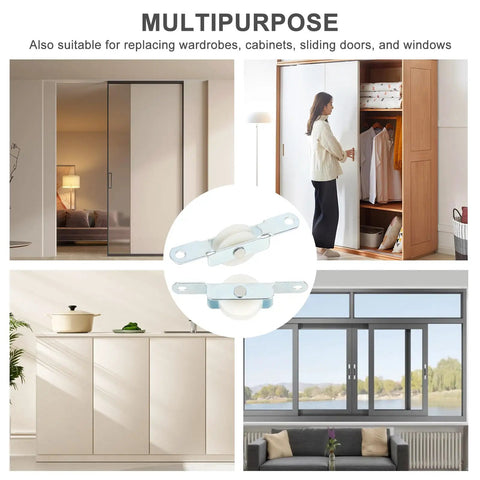10 Pack Sliding Door Rollers With Premium Nylon Pulley Wheels Complete Replacement Kit For Screen Doors And Patio Closets displayed in various home uses, including sliding doors and cabinets.