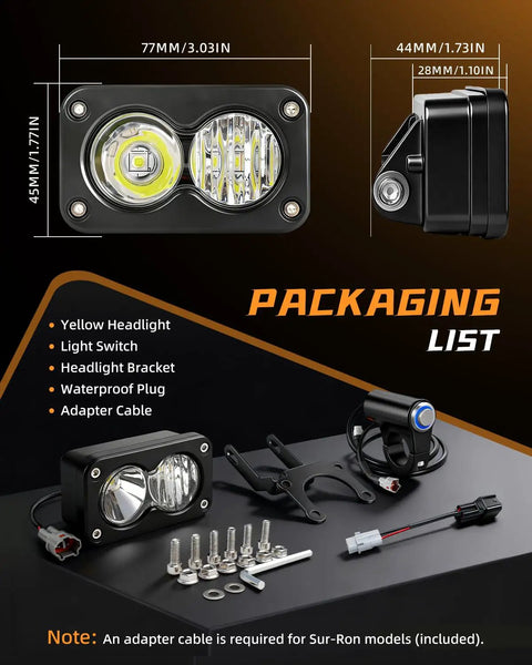 3 Inch White 6000 6500K Headlight Kit With Spot Flood Beam packaging contents for Dirt Bikes and Electric Motorcycles