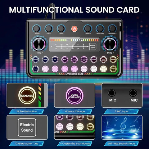 Upgraded Dual Mic Podcast Kit Bundle With Denoise And 10 Built In Effects Plus 4 Custom Sound Pads Bluetooth Wireless Music