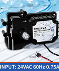 Front view of 24V pool valve actuator TPE24VA with black housing, metal shaft, and 24VAC input