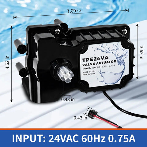 Front view of 24V pool valve actuator TPE24VA with black housing, metal shaft, and 24VAC input
