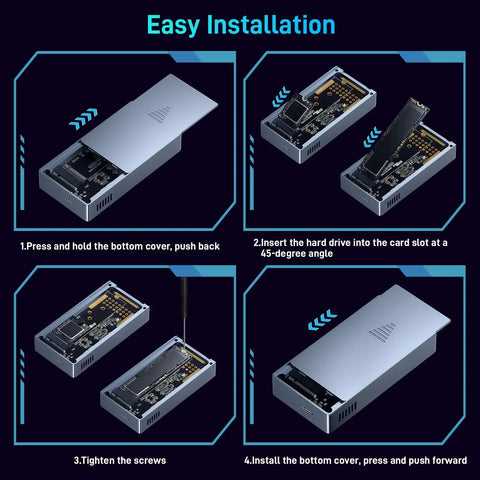 Step-by-step installation guide for Blazing Fast M.2 NVMe SSD Enclosure with detailed images and instructions.