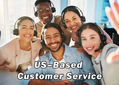Group of smiling customer support representatives with headsets labeled US-Based Customer Service.