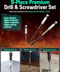 9-Piece Premium Drill & Screwdriver Set including pointed, blunt drill bits, and screwdriver bit for versatile usage.