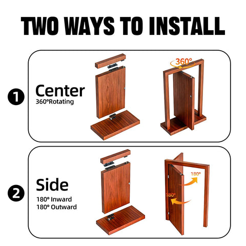 Hidden pivot door hinge kit for bookshelf; wooden brown finish, heavy-duty alloy steel, two installation methods