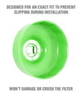 76 Millimeter 14 Flute Oil Filter Wrench for Easy Oil Changes Reinforced Three Eighths Inch Drive, green tool with square drive.