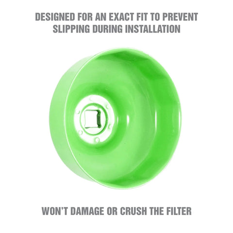 76 Millimeter 14 Flute Oil Filter Wrench for Easy Oil Changes Reinforced Three Eighths Inch Drive, green tool with square drive.