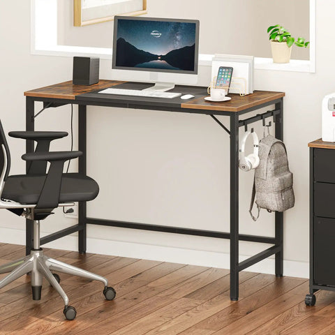 Rustic Brown And Black Computer Desk With Power Outlet Compact Thirty One Point Five Inch Wide Home Office Desk Featuring 3 Built In Hooks Sturdy And Easy To Assemble For Small Spaces with chair and accessories