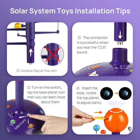 Talking Astronomy Solar System Model Kit For Kids With Immersive Projector, Exhibits 8 Planets Orbiting The Sun On Any Surface, STEM Toy For 5 Plus Year-Olds, Hands-On Space Science Learning, Turns Ceilings Into A Planetarium, purple plastic setup guide