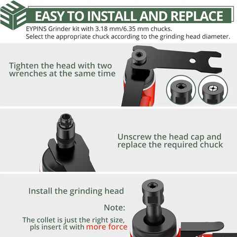 Installation guide for the Upgraded Air Angle Grinder 90 Degree Right Angle Die Grinder At 20000 Rpm for attaching chucks.