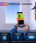 User holding Android Thermal Camera 512x384 High Resolution With TISR Tech on smartphone against a window showing thermal imaging.