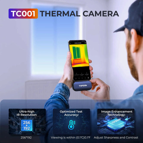 User holding Android Thermal Camera 512x384 High Resolution With TISR Tech on smartphone against a window showing thermal imaging.