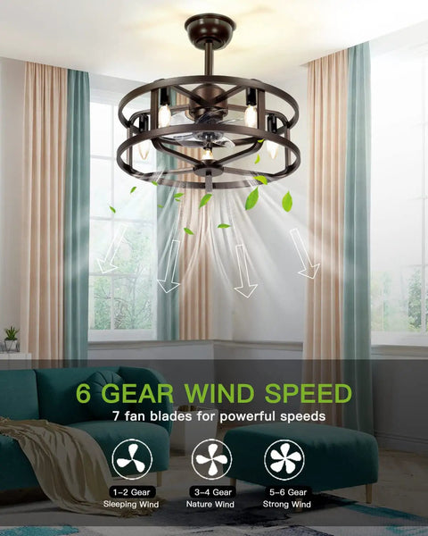 Living room with bronze 20 Inch Caged Bladeless Ceiling Fan With Light, Low Profile Flush Mount, 6 speeds, remote and app control.