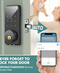 Keyless Entry Smart Door Lock With Touchscreen Keypad And Handle, featuring digital deadbolt, auto lock, and app control.
