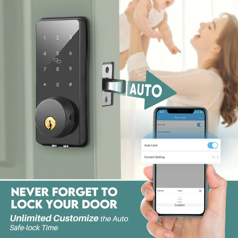 Keyless Entry Smart Door Lock With Touchscreen Keypad And Handle, featuring digital deadbolt, auto lock, and app control.