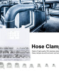 All-Purpose Spring Hose Clamp Kit 160Pcs for automotive radiator hose fuel line and water pipe with clamps in box on industrial background