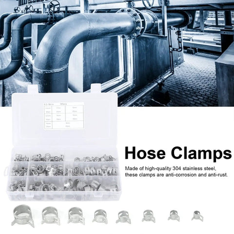 All-Purpose Spring Hose Clamp Kit 160Pcs for automotive radiator hose fuel line and water pipe with clamps in box on industrial background