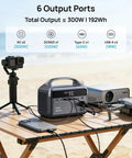 Portable Power Station 300W With 600W Surge, 192Wh LiFePO4 Battery on table by beach, powering devices, 110V AC Outlet visible
