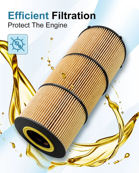 Oil Filter 6 Pack Fits Freightliner Cascadia 114SD 122SD And Western Star 4700SB 4700SF 4900FA 2009 To 2020 Go To Replacement P551005 A4721800109 P7505 57909 High Efficiency Filtration oil filter with text "Efficient Filtration Protect The Engine"