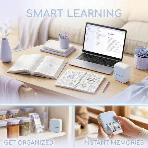 Texvora Portable Thermal Label Maker Machine With Wireless Inkless Mini Photo Printer for Smart Home Office organization on a desk.