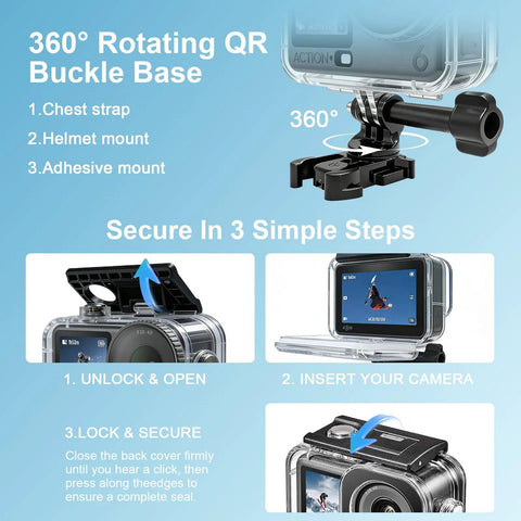 Osmo Action 6 Bombproof Waterproof Underwater Housing Case 60M Depth Rated with 360° rotating QR buckle base.