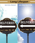 Left Arrow Package Delivery Sign For Front Yard With 19 Inch Adjustable Metal Stake, showcasing waterproof and UV protection features.