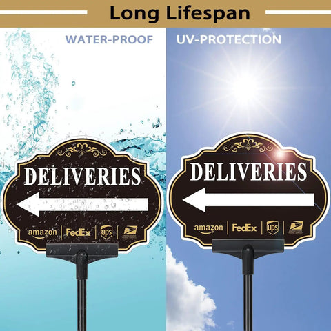 Left Arrow Package Delivery Sign For Front Yard With 19 Inch Adjustable Metal Stake, showcasing waterproof and UV protection features.