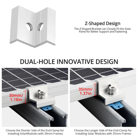 Solar Panel End Clamp Pack Of 20 For Standard Unistrut 30mm 35mm Aluminum Silver With 304 Stainless Steel Screws, dual-hole design