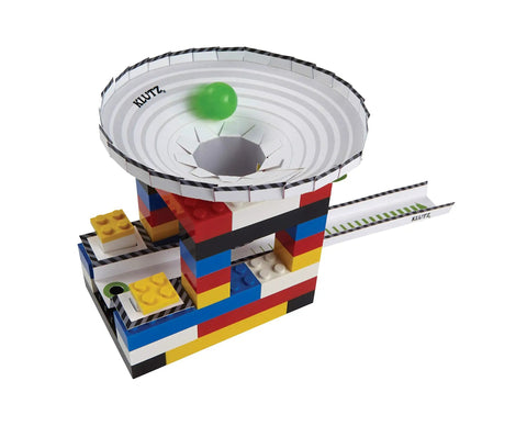 Chain Reactions Design And Build Amazing Moving Machines Kit For Curious Makers And Kid Engineers With Hands On STEM Fun Create Mind Blowing Rube Goldberg Style Setups And Awesome Moving Builds. LEGO-style spiral ball run with green ball and blocks