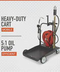 Heavy Duty Pneumatic Oil Pump Kit With 50 Foot Retractable Air Hose Reel 3.7 GPM mobile cart for efficient motor oil transfer.