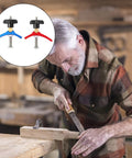 Man using woodworking hold down clamp set with T slot clips and track clamp system for carpenter use, showing blue and red pressure plates