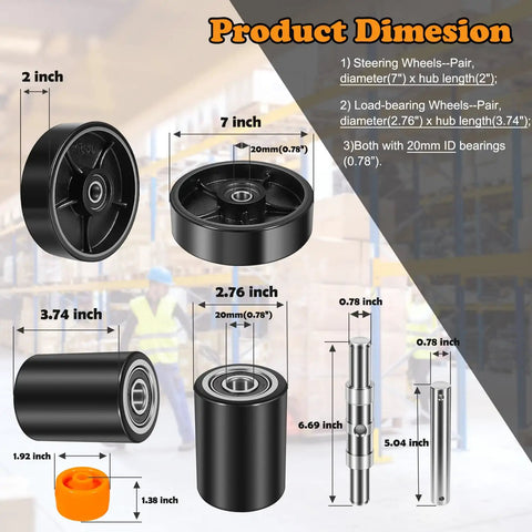 Pallet Jack Wheel Replacement Kit For PTH50 Forklift Truck, Full Wheel Upgrade With 2 Steering Wheels And 2 Load Wheels shown