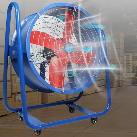 Heavy Duty 16 Inch Industrial Floor Fan With Adjustable Tilt And High Velocity Blower Design, steel frame, blowing air in a commercial setting.