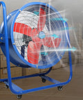 Badass Heavy Duty Industrial Floor Fan Rock Solid 20 Inch Axial Flow Blower with visible red blades and blue frame in motion.