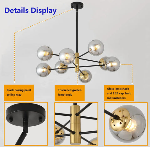 Eight Light Glass Chandelier With E26 Base And Smoke Gray Lampshade Dope Mid Century Pendant Lighting Vintage Ceiling Fixture