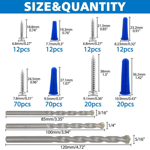 All In One Masonry Wall Anchors And Screws Kit With 3 Pc Drill Bit, 228 Pieces Including 114 Brick Anchors And 114 Self Tapping Screws