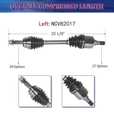 Front 4WD CV Axle Shaft Assembly For Jeep Patriot And Compass 2007 2014, left axle, 25 1/8 inch, 28 and 27 splines
