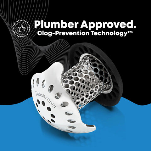 Ultra Tub Drain Protector Hair Catcher Kit Stainless Steel Tub Strainer Snare with StopShroom Plug on blue background