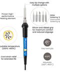 All In One Soldering Kit With 60W Adjustable Iron showing heating element, tips, and features diagram