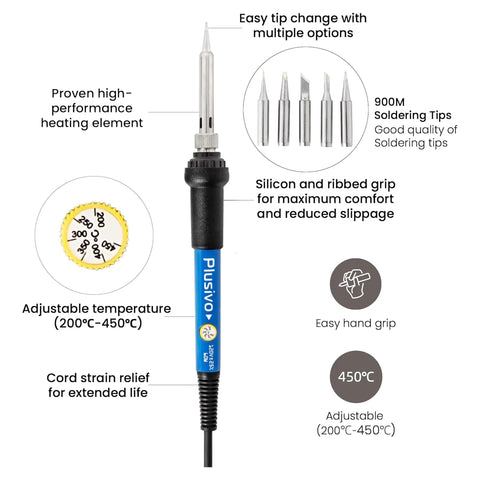 All In One Soldering Kit With 60W Adjustable Iron showing heating element, tips, and features diagram