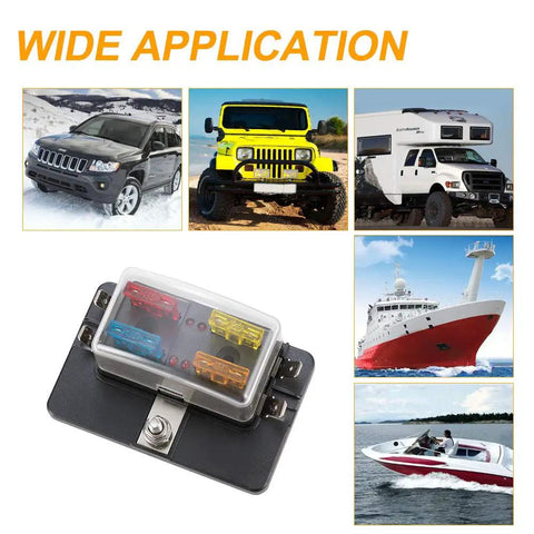 Road Ready 4 Way Blade Fuse Box With Built In Led Indicator For Blown Fuses Hella Reliable Automotive Shield shown with various vehicles.