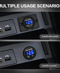 Ride-Ready Round Digital Voltage Gauge For Marine, Automotive, Motorcycle, Car, Truck, And RV 12V 24V 36V Battery Monitor With Blue LED Display, Flexible Mounting Panel Or Direct Mount, Clear Readout installed in panel and direct mount