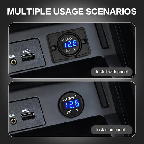 Ride-Ready Round Digital Voltage Gauge For Marine, Automotive, Motorcycle, Car, Truck, And RV 12V 24V 36V Battery Monitor With Blue LED Display, Flexible Mounting Panel Or Direct Mount, Clear Readout installed in panel and direct mount
