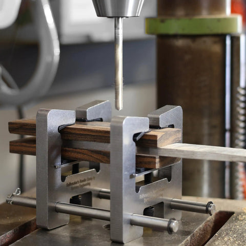 Stainless Steel Knife Handle Drill Clamps Pro Grade Precision Tool Set With Guide Rails For Accurate Pin Hole Drilling And Secure Alignment, Includes Clamps, Adjustable Screws, Rails And Allen Key, on wood handle